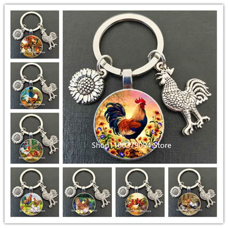 New DIY handmade rooster picture round glass keychain animal zodiac chicken pendant men and women car bag key ring gift