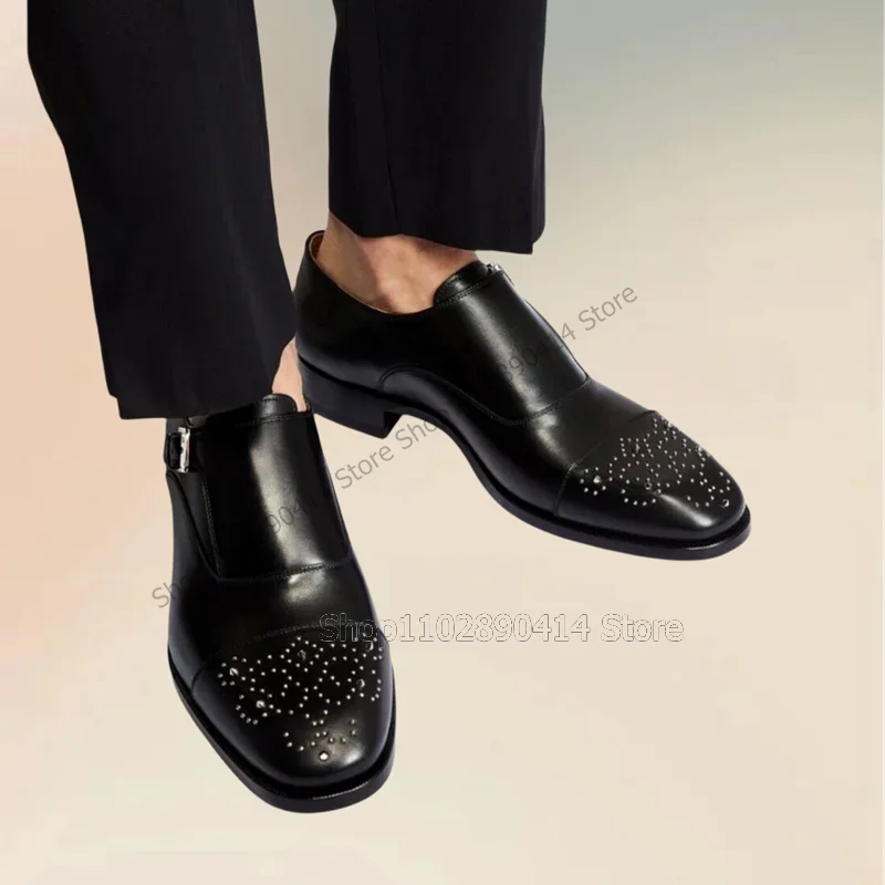 

Silver Rivets Buckle Decor Black Square Toe Loafers Fashion Slip On Men Shoes Luxury Handmade Party Feast Office Men Dress Shoes