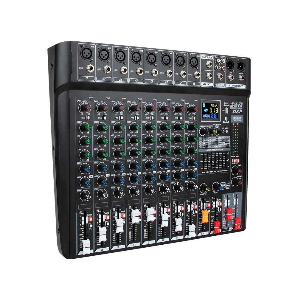 전문 8 채널 오디오 믹서 콘솔 99 DSP 블루투스 USB 컴퓨터 입력 48v 전원 공급 장치 번호 라이브 무대 성능