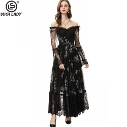 Women's Runway Sweatheart Slash Neckline Long Sleeves Printed Mesh Layered Elegant Designer Maxi Designer Maxi Party Prom Vestid