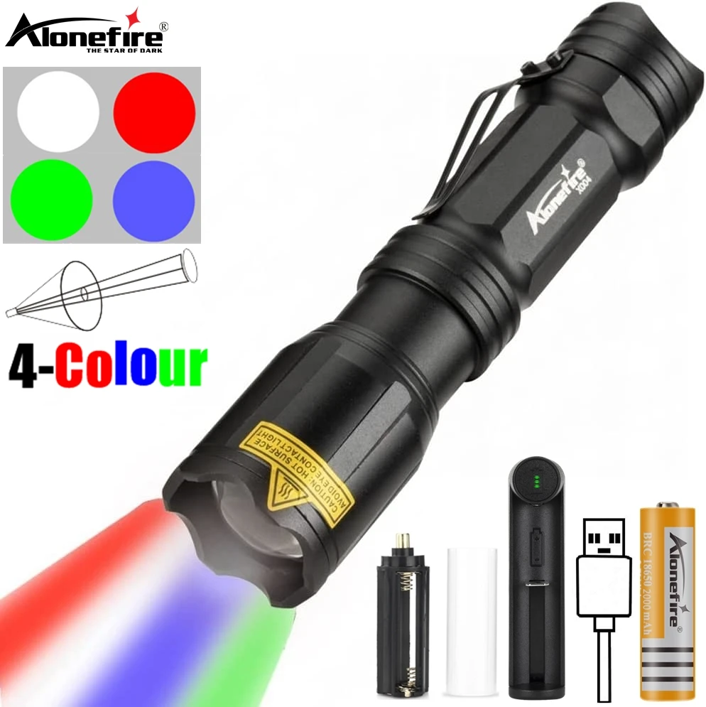 Zoom 4-Colour light LED Flashlight White/Red/Green/Blue Outdoor lighting Fishing Camping Hunting Photography Selfie Hiking Torch