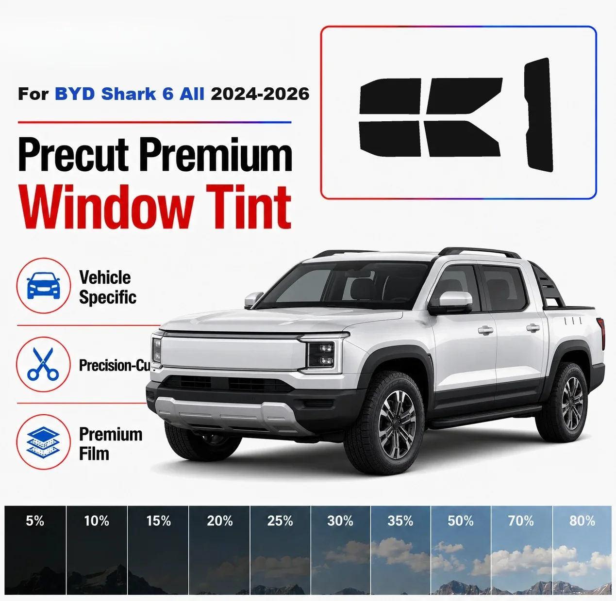 Premium Precut Window Tint Kit Front Rear Windows Rear Windshield For BYD Shark 6 All 2024-2026 Complete Set Nano Ceramic Film