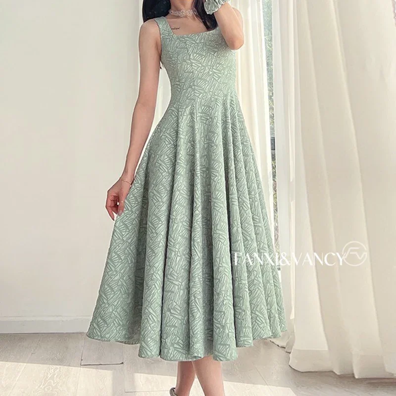 

Green Jacquard Dresses for Women Sleeveless Square Neck Bodycon Dress Elegant Vintage High Waisted Luxury Party Vestido