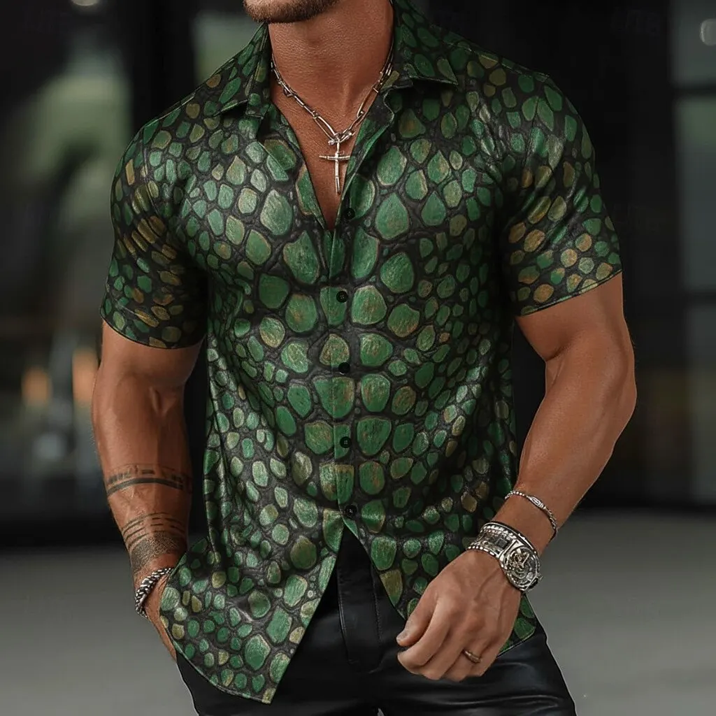 

Men's Alligator Scale 3D Print Shirt, Vintage Short Sleeve Button Up Collared Streetwear Tops for Spring & Summer