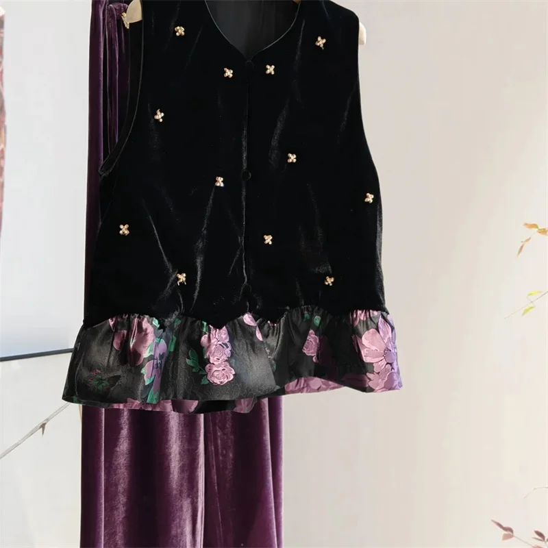 Women's Vest Early Autumn  Round Neck Stitching Lace Vest Coat High Sense Retro Coat Fashion Age-reducing Velvet Vest Coat Woman