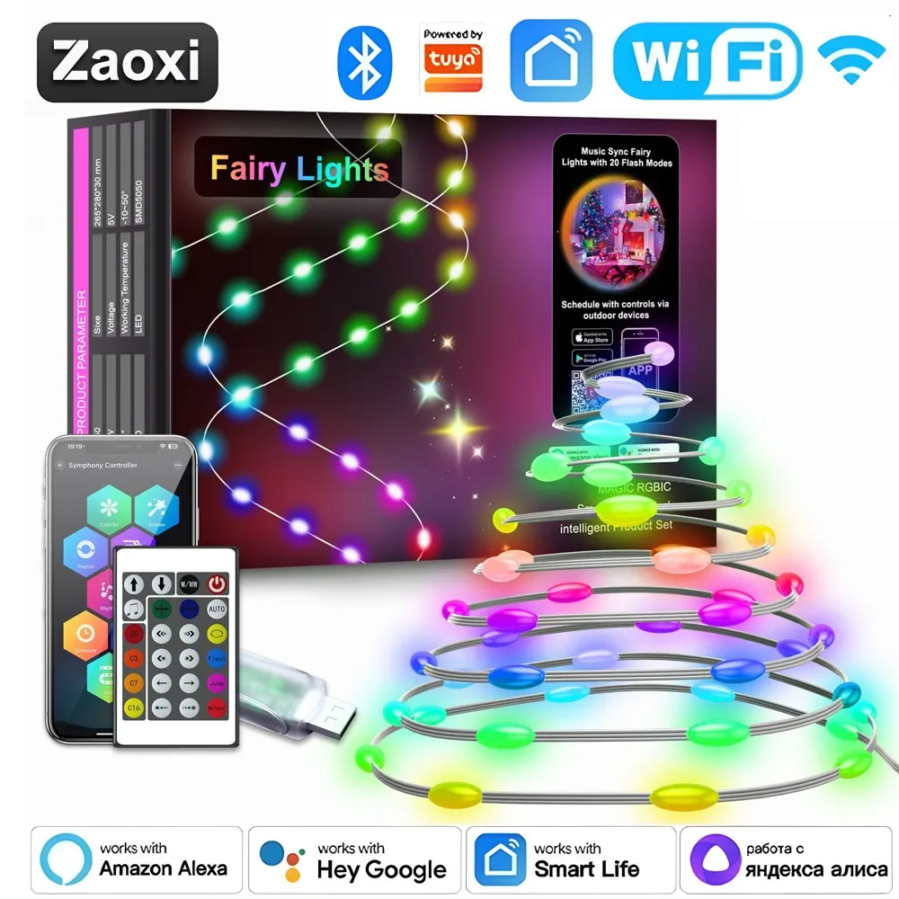 Smart Bluetooth Tuya WIFI RGB Light String USB 5V For Christmas Party Decoration LED Lights Support Google Alexa Control