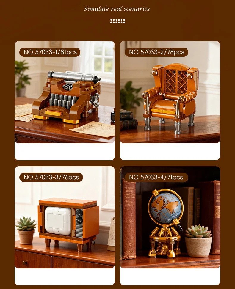 Retro-Deko-Bausteine: Fernseher, Schreibmaschine, Sofa, Globus, Grammophon, Pendeluhr – Modellbausteine für Kinder als Geschenke – Detail 4