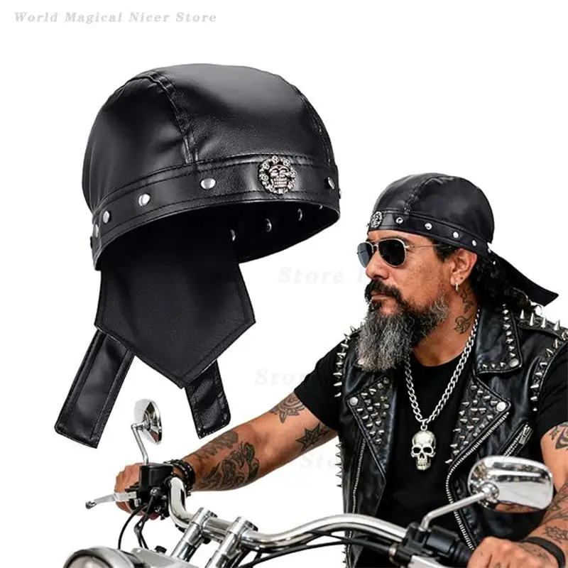 Black Faux Leather Head Wrap Hat, Punk Pirate Style Beanie for Party Bar Music Festival Biker Motorcycle Riding Fashion Headwear