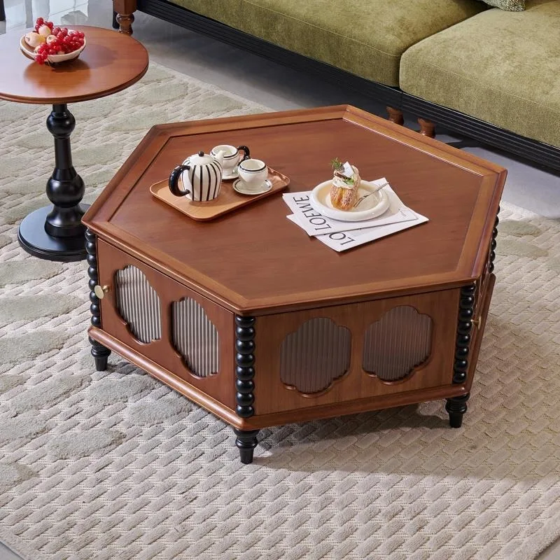 French retro medieval solid wood hexagonal coffee table living room small apartment side table simple carved storage small table