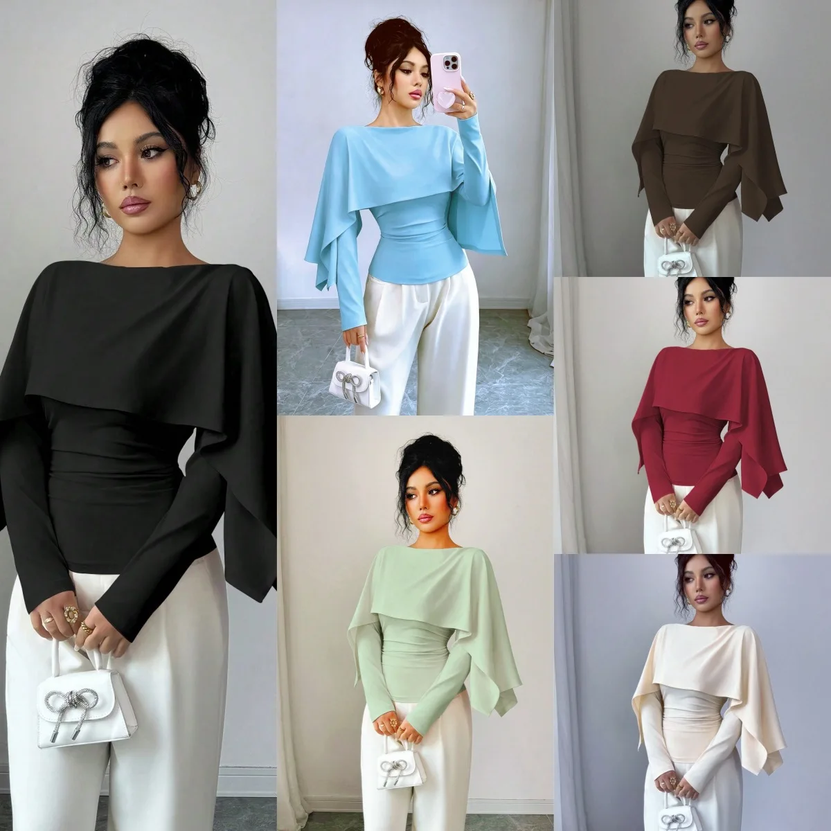 Elegante, schlanke, einfarbige Cape-Bluse für Damen, langärmelig, zweiteilig aussehend, figurbetont, schick, für Büro, Abend, Party, Dating, Alltag. – Detail 1