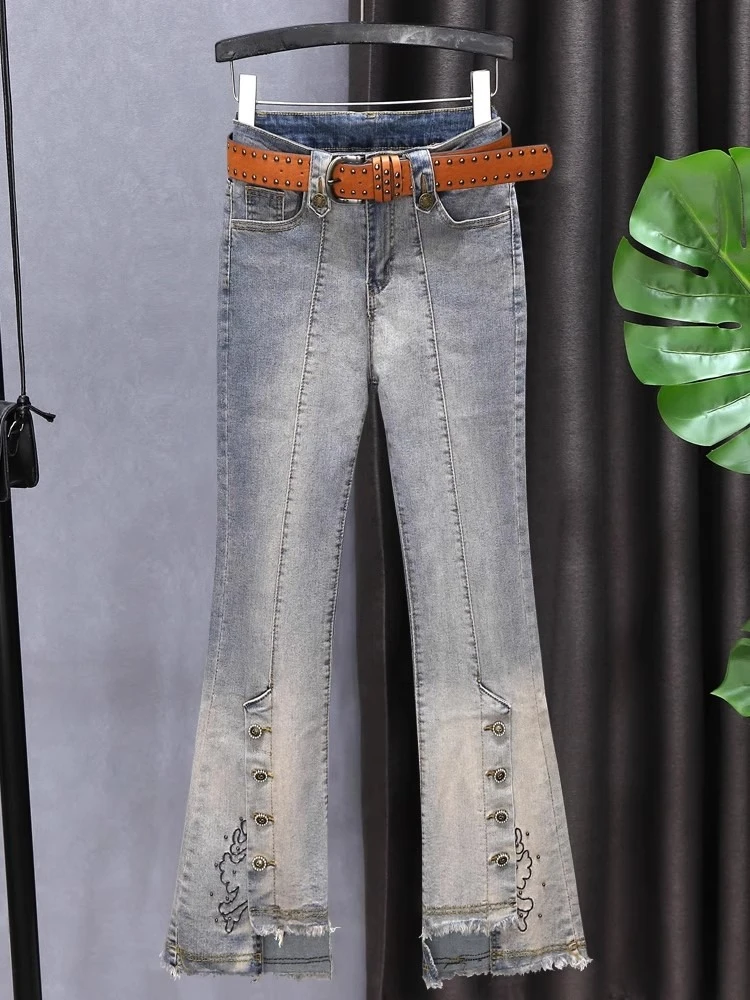 กางเกงยีนส์ไมโครทรงใหม่ปี 2025 สำหรับผู้หญิง ทรงสลิมเอวสูงแบบไม่สมมาตร กางเกงครอปทรงขาบาน สไตล์วินเทจแฟชั่นสำหรับฤดูใบไม้ผลิและฤดูใบไม้ร่วง