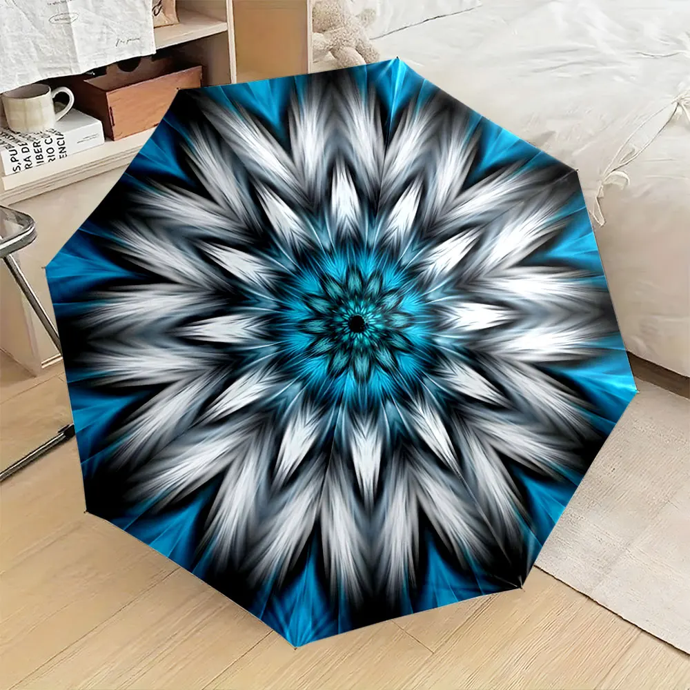 1PC Intricate Blue and White Mandala Umbrella Design Print 8 Iron Ribs Folding Umbrella Auto-Open Fashion Sunshade