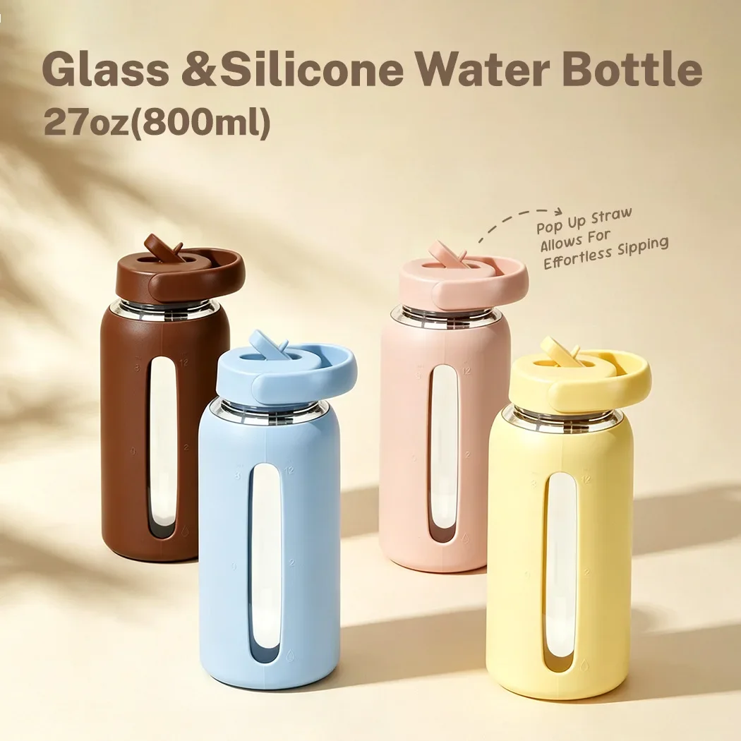 800ml Sports Drinking Straw Glass Water Bottle with silicone protective cover,handle and scale, single layer, portable Glass MUG