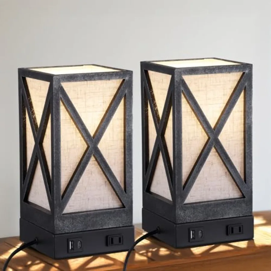 

Table Lamp, Set of 2 Rustic Farmhouse Nightstand Lamps, 3 Color Temperatures Desk Lamp with USB Charging Ports AC Outlet Vintag