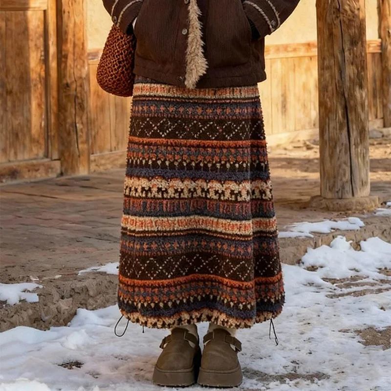 الخريف والشتاء جديد القطبية الصوف التنانير النساء خمر مخطط كتلة اللون تنورة طويلة للمرأة Y2K موضة فضفاضة ميدي التنانير #1