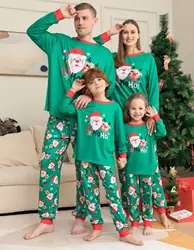 Christmas Pajamas Family Set Long Sleeve Green Cartoon Printed Christmas Pjs Family Christmas Pajamas Set