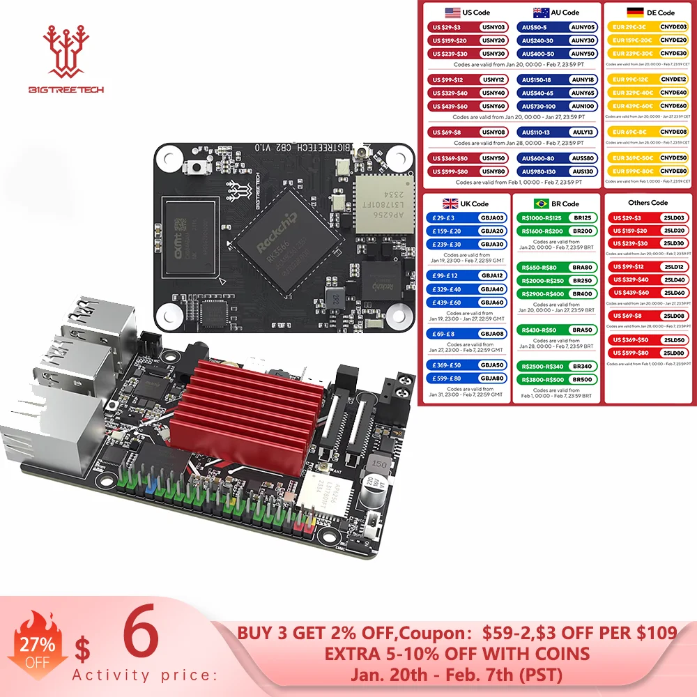 BIGTREETECH PI 2 CB2 Control Board RK3566 Quad-Core RAM 2GB ROM 32GB CSI DSI 2.4G Wifi For Klipper 3D Printer VS Raspberry PI