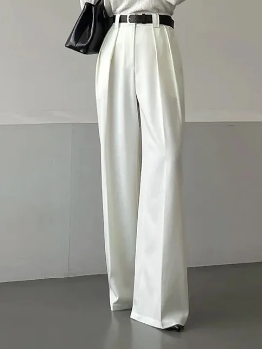 Elegant High Waist Pleated Draped Loose Wide Leg Casual Pants Women without Belt Korean Style Polyester Fiber Trousers