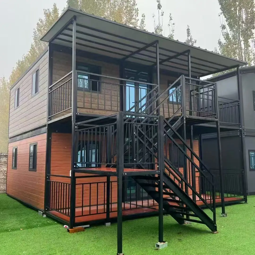 Luxury Decorated Villa Double Deck Expandable Container Houses Wooden Wall with Terrace French Window Tiny Home Hotel Made Steel