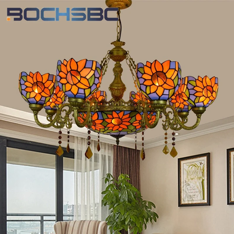 

BOCHSBC Tiffany style stained glass Mediterranean blue sunflower multi-head chandelier Living Room Restaurant Bar Hotel LED deco