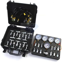 Excavator Hydraulic Pressure Test Kit with 5 Gauges 13 Couplings and 14 Tee Connectors Pressure Gauge For CAT CASE John Deere