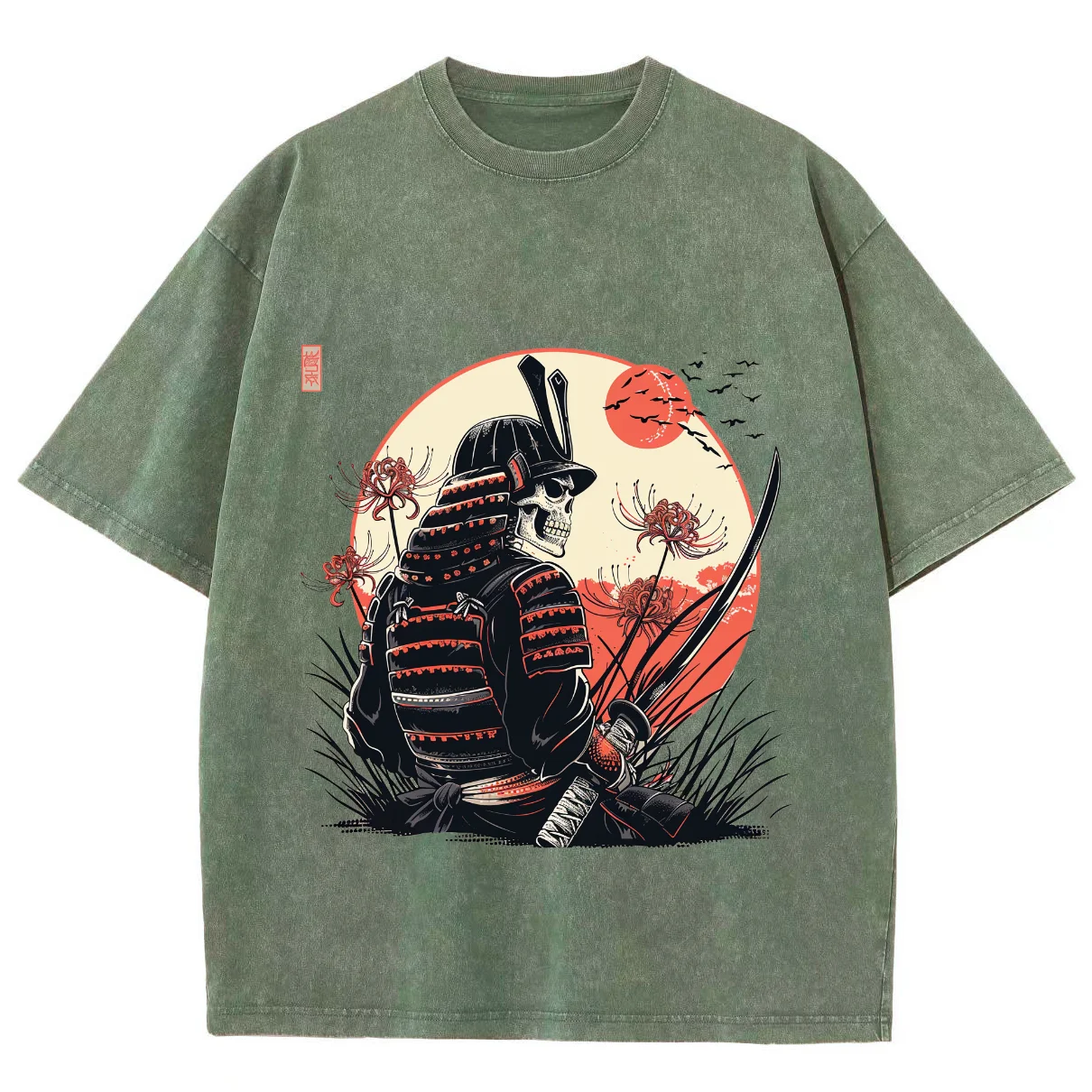 Fashion Trend Designer New T-Shirt Washed Denim Loose Shoulder Moonlight Skull With Knife Print Neutral Style Short Sleeve