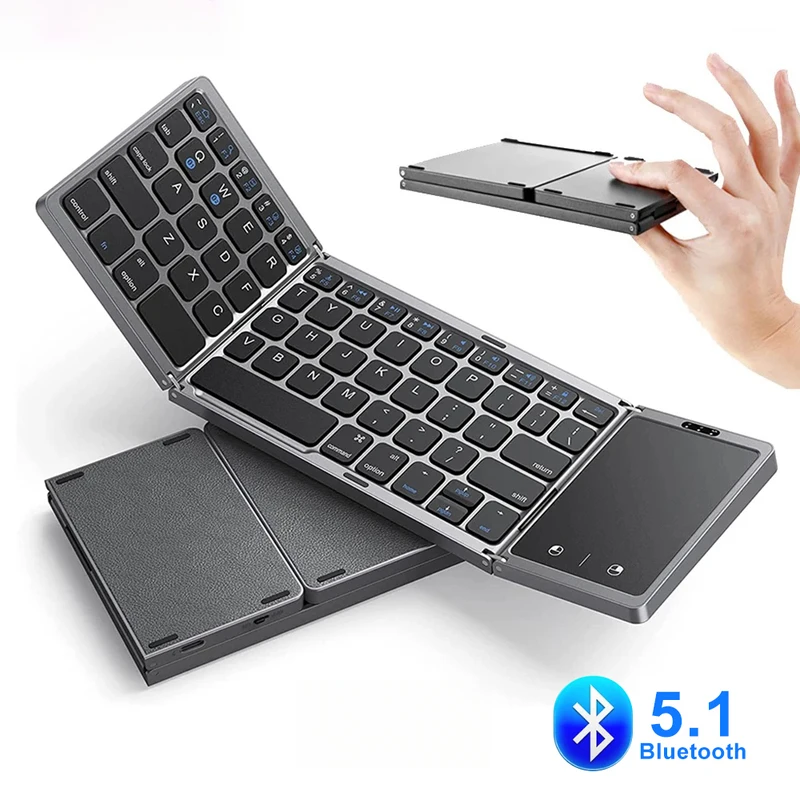 New 3-Folding Keyboard Mini Wireless Keyboard Foldable Dual Bluetooth Keyboard with Touchpad for Windows Android IOS iPad Phone