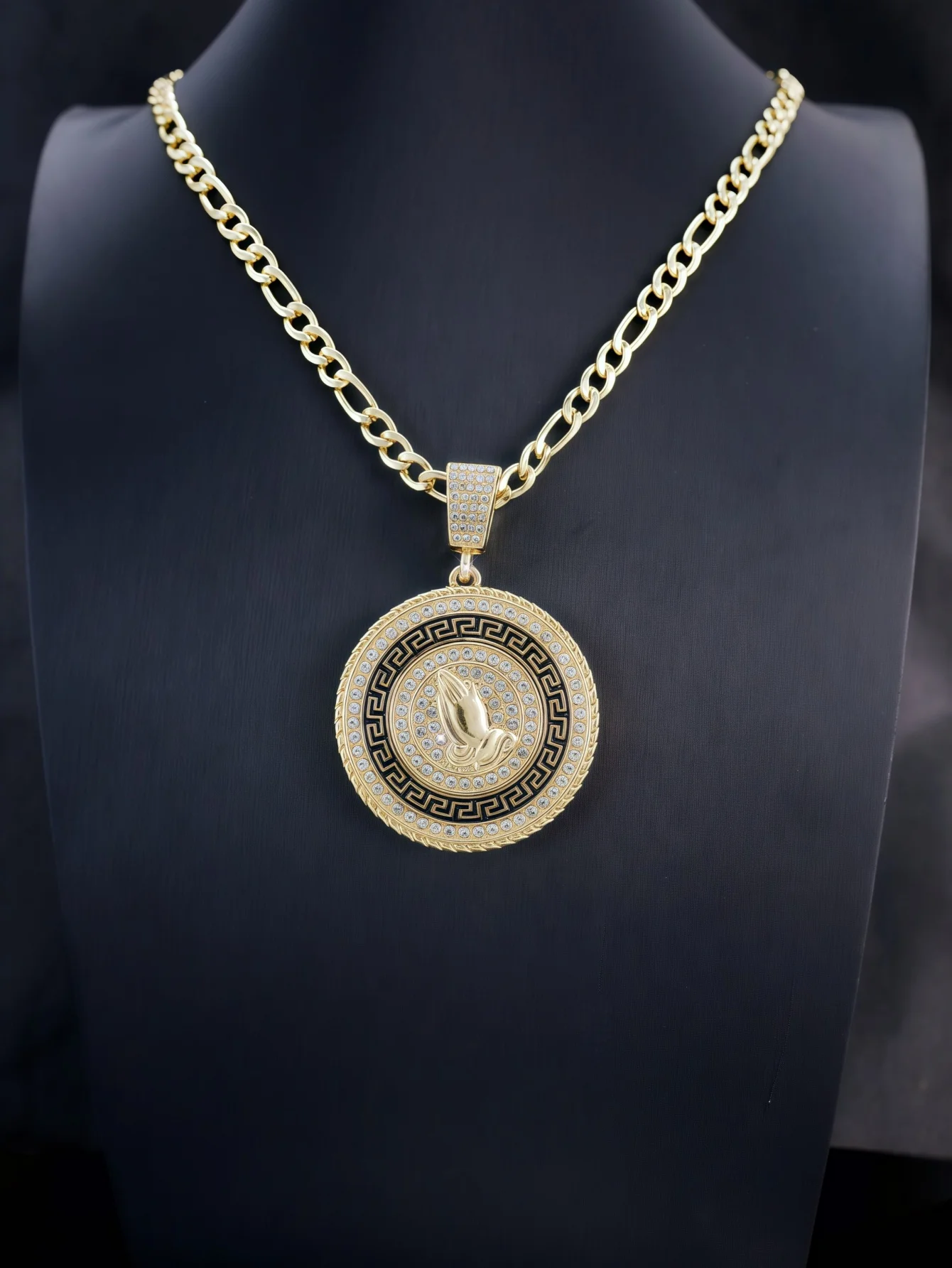 Gold Plated Spinning Roulette Pendant Prayer hand roulette Necklace with 60cm Length Figaro Chain Unisex  Jewelry for Men Women