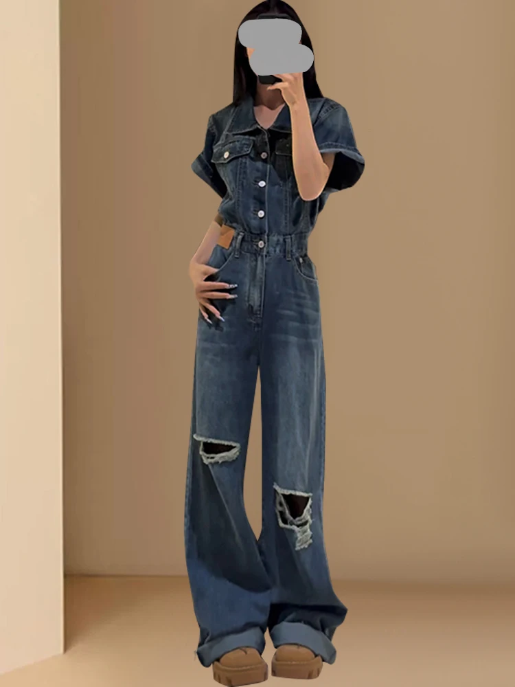Retro American Waed Denim Overalls Women's Summer 2025 Loose Slimming Wide Leg Pants High Waist Long Trousers