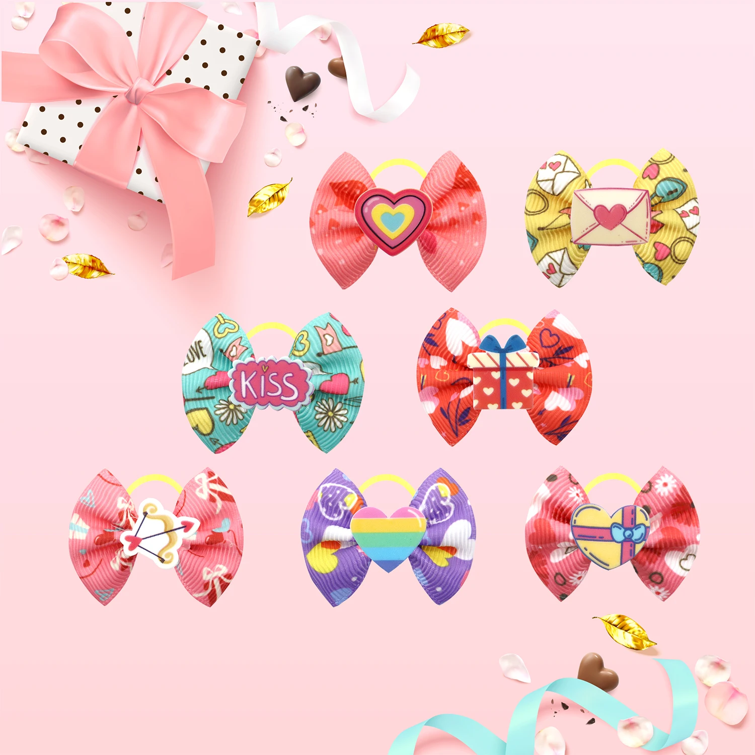 50/100Pcs Valentine\'s Day Dog Hair Bows With Rubber Bands Lovely Pets Hair Grooming Bows Girls Dogs Cat Hair Bowknot Accessories