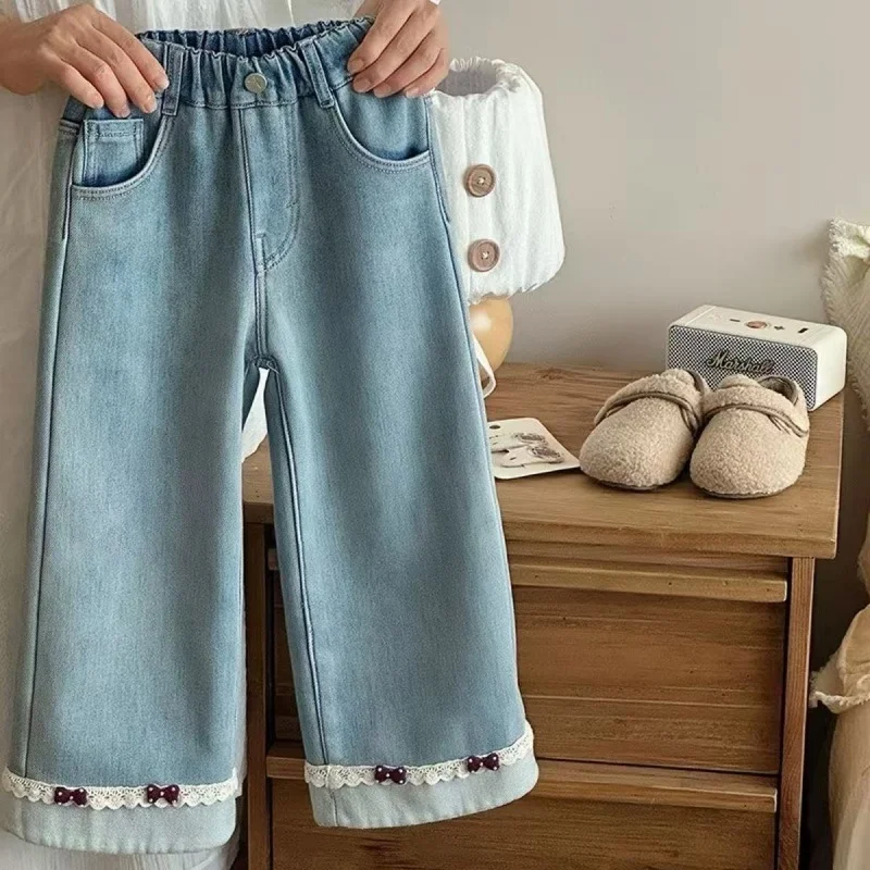 

Autumn and Winter New Thick Warm Jeans Korean Girls' Plush Casual Versatile Pants Straight Leg Pants 90-140CM