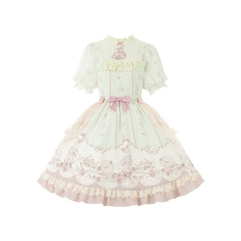 Lolita Girls Sling Dress Sweet Women cinghie senza maniche pieghe in pizzo increspatura lunghezza al ginocchio festa di compleanno per adolescenti stampa balena carina nuovo