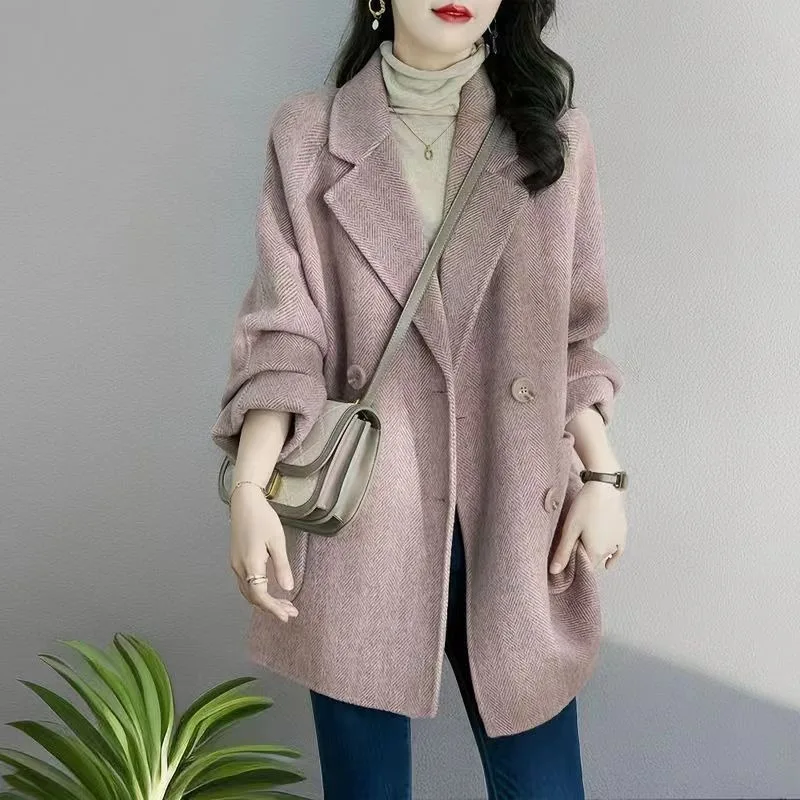 Women Herringbone Wool Coat Double Breasted Mid Length Blazer Collar Overcoat Slim Fit For Autumn Winter