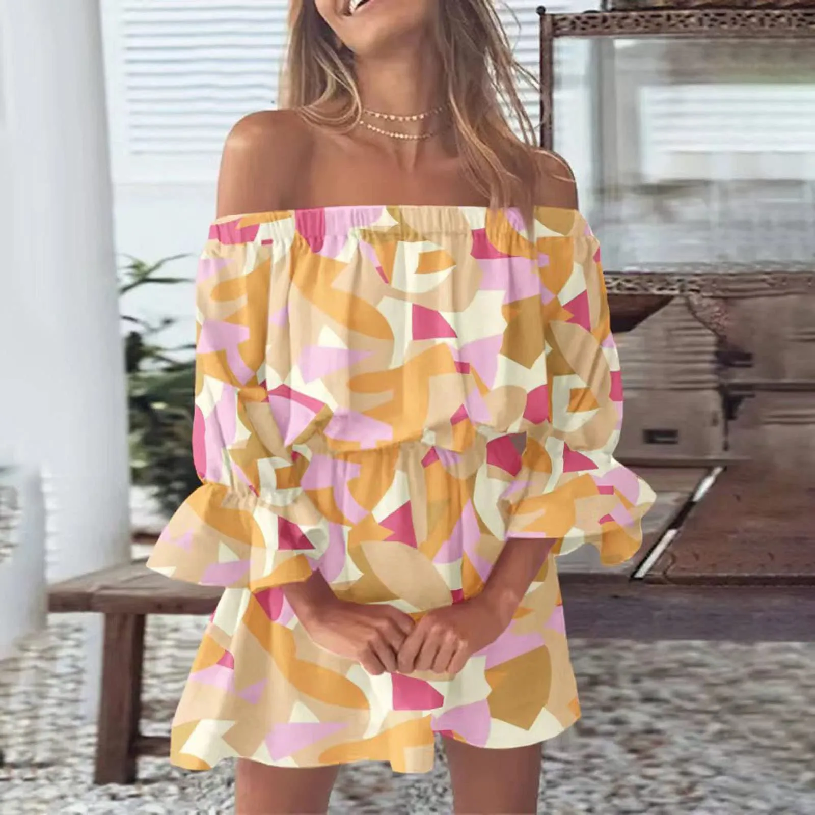 Summer Dresses 2023 Summer Sexy Off Shoulder Long Sleeve Tunic Sundresses Casual Loose Plus Size Beach Daily Floral Dresses