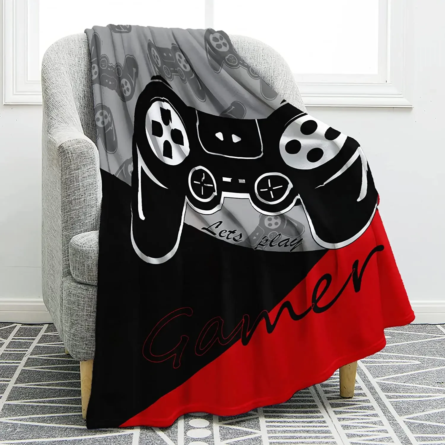 Video Game Gamepad Print Blanket Flannel Throw Blanket Kid for Sofa Chair Bed Office Travelling Camping Lightweight Soft Warm