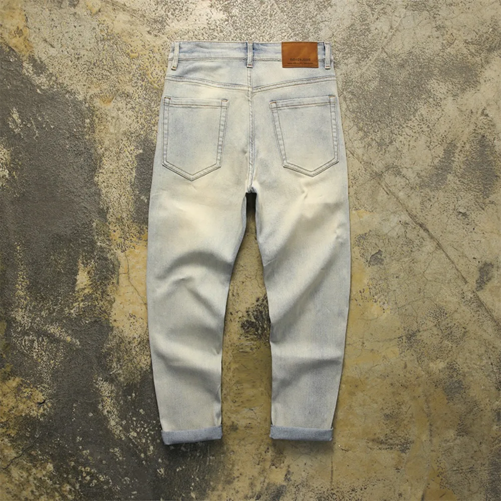 Cement yellow micro-stretch slim retro jeans for men's Korean style small feet