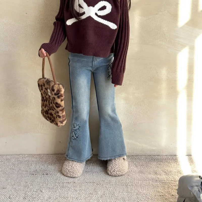 Girls' Autumn Winter New Korean Version Micro Flared Jeans, Baby Girls' Jeans Slim Fit Big Flared Pants