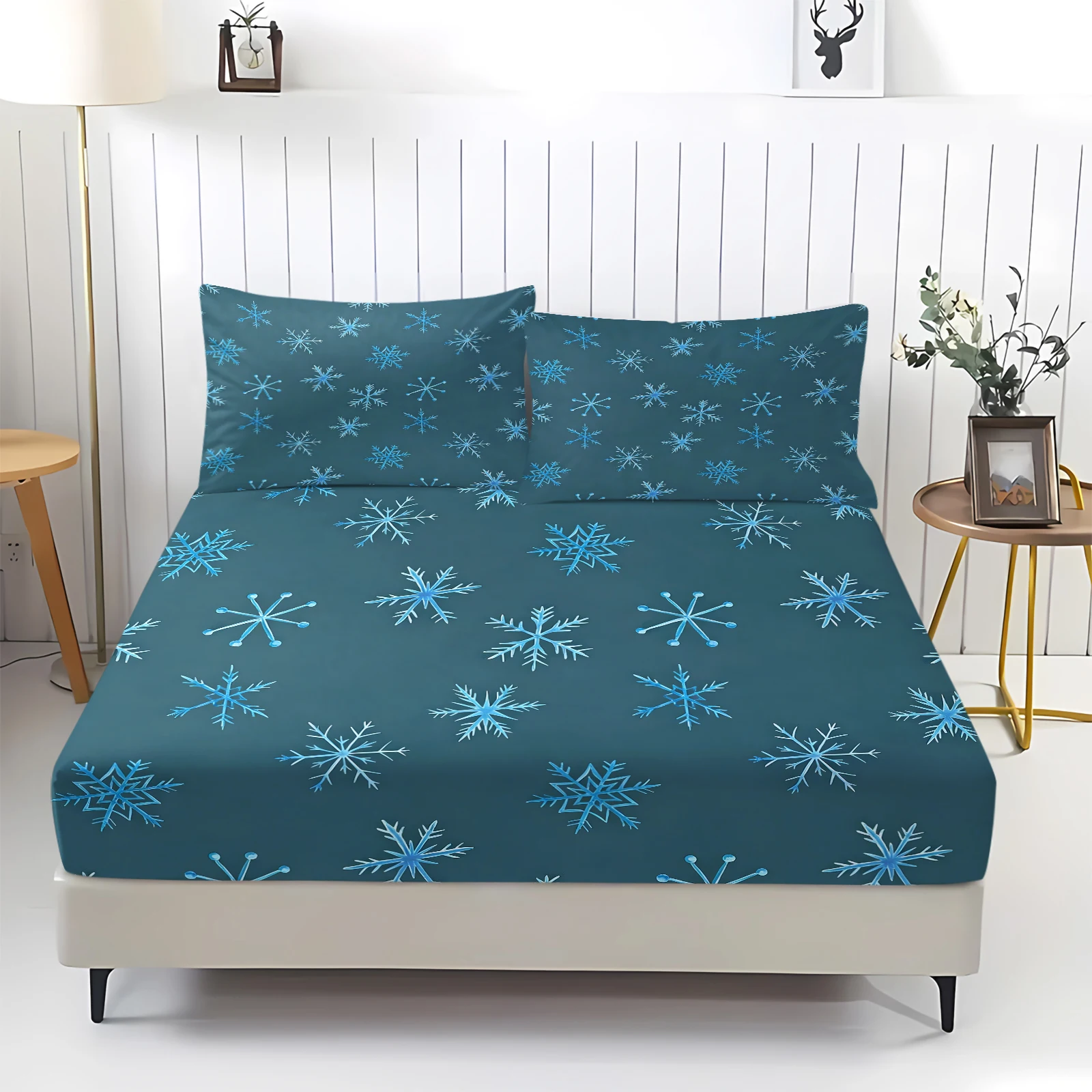 Dark Teal Blue Snowflake Fitted Sheet Set with Pillowcases Christmas Snowflake Printed Deep Pocket Mattress Cover Elastic Bed