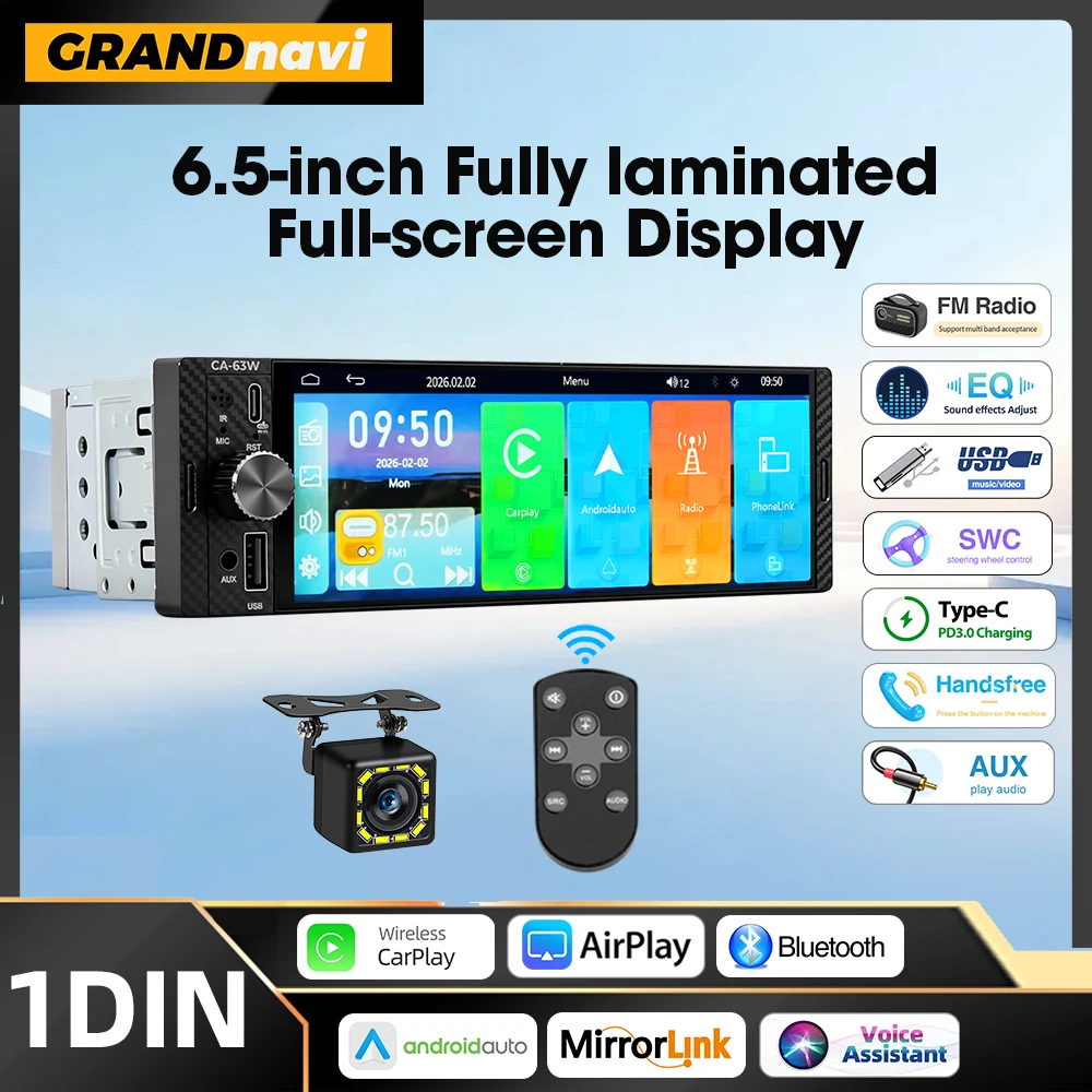 

6,5-дюймовый 1DIN MP5-плеер, беспроводной Carplay, Android Auto, Airplay, автомобильное радио, Bluetooth, FM, эквалайзер, Type-C, быстрая зарядка PD3.0