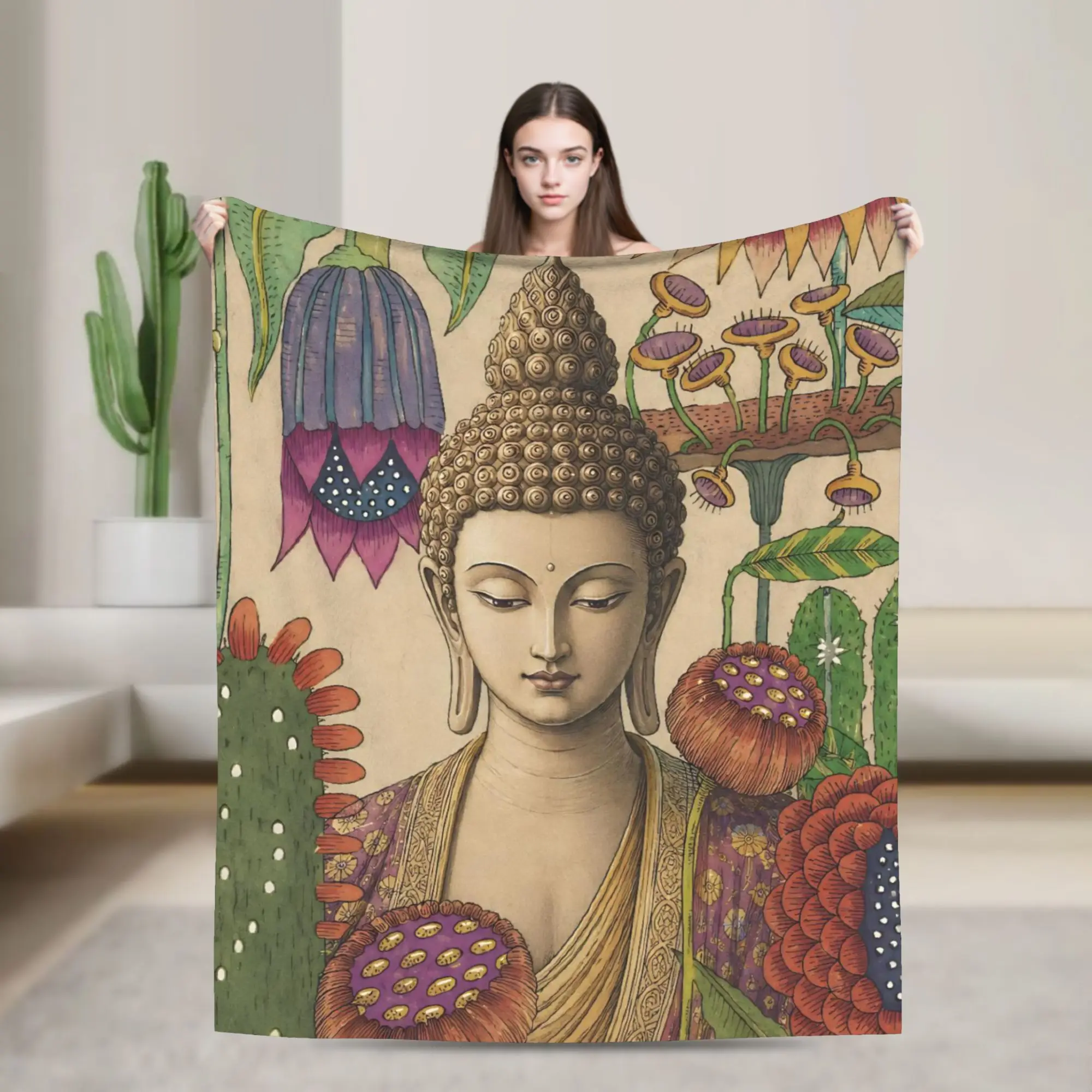 Buddha Lotus Zen Meditation Knitted Blanket Flannel Y2K Harajuku Lightweight Throw Blanket for Outdoor Travel Bed Rug