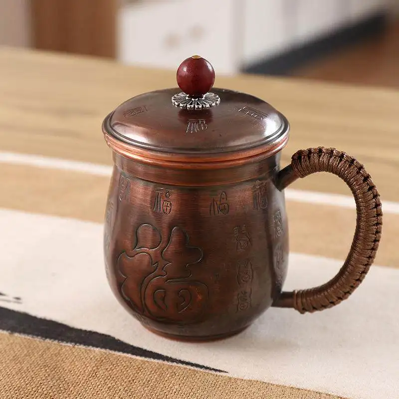 

Solid Copper Tea Tumbler with Lid, Hammered Heat Resistant Mug, Office Tea Drinking Cup, Straight Handle Glass Replacement