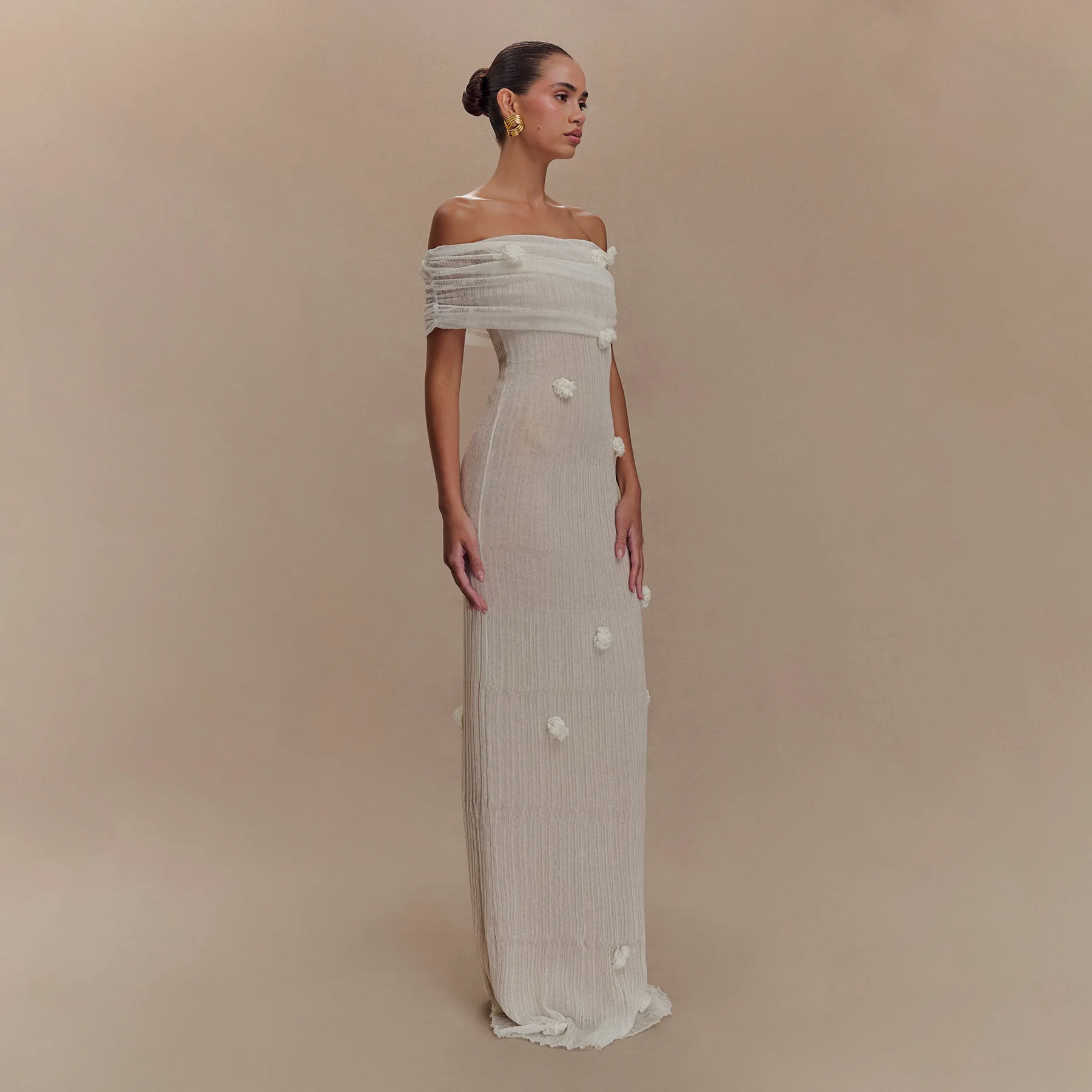 3d floral fora do ombro vestido mulher sem alças plissado cor sólida robes sem mangas elegante moda magro feminino longo maxi vestido