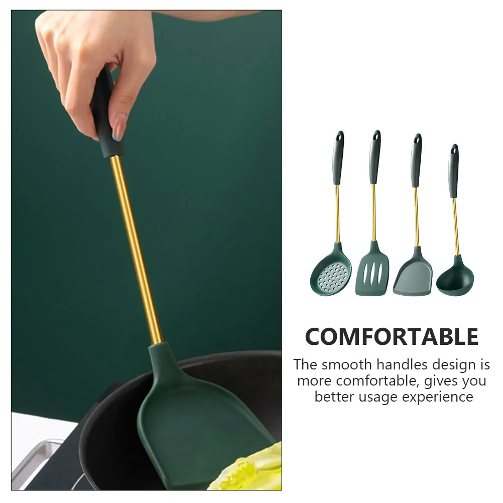 

1Set Kitchen Ware Stainless Steel Cooking Utensils with Silicone Head Non-Stick Safe Food-Grade Spatula Spoon Ladle Set Long