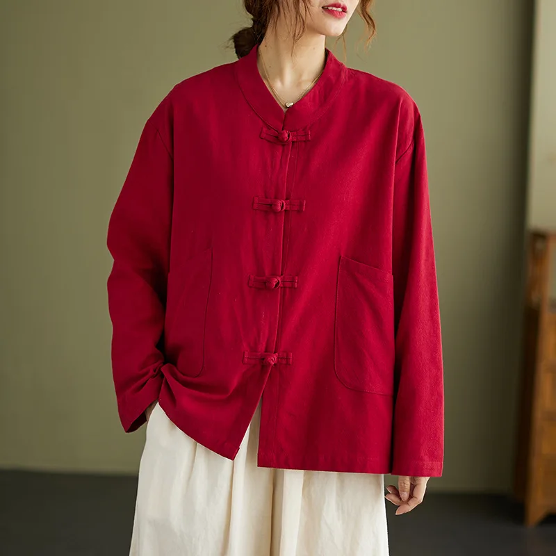 

Retro Chinese Style Solid Color Shirts Loose Cotton Linen Coat Tops Outside Qipao Botton Shirts Cardigan Zen Tea Casual Blouse