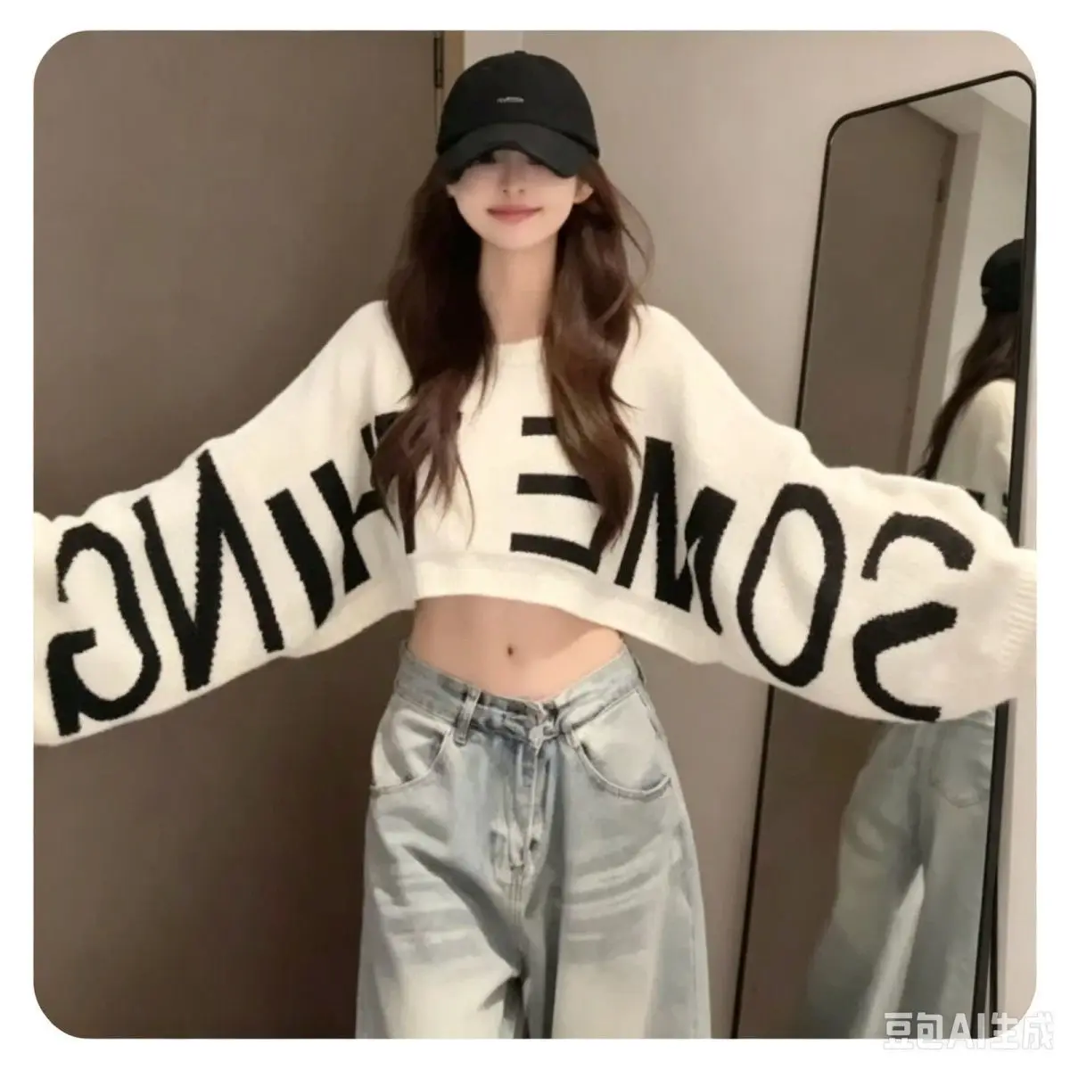Asymmetrical Letter Jacquard Knit Top Women Long Sleeve Cropped Loose Streetwear Sweater