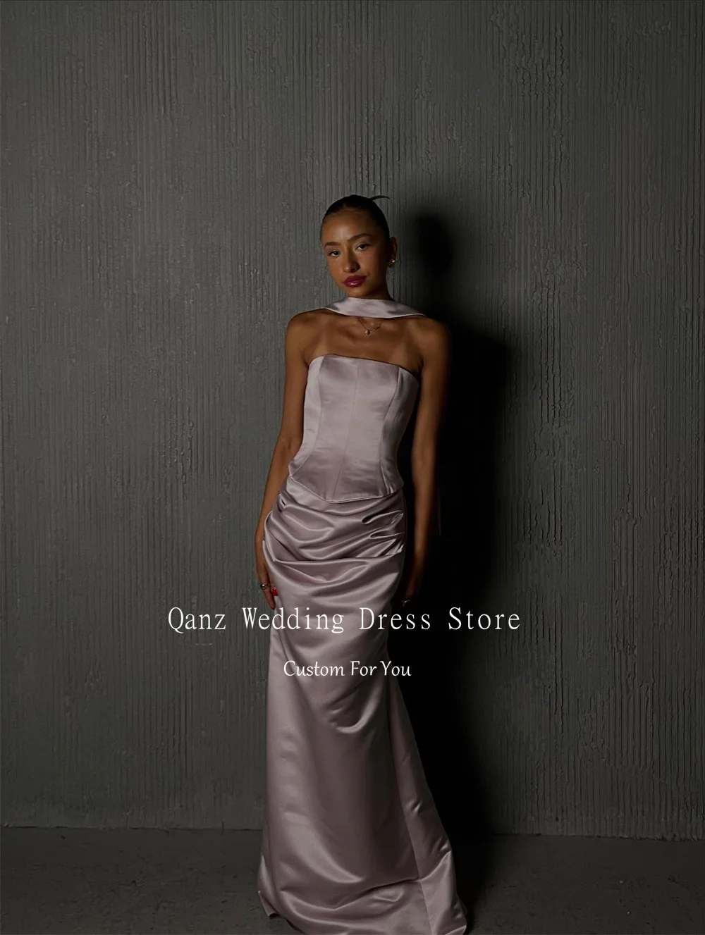 Qanz 控えめなサテンマーメイドウエディングドレス ストラップレスイブニングドレス レディース バックレス ベスティドス デ フィエスタ エレガンテス 2025 カスタムメイド