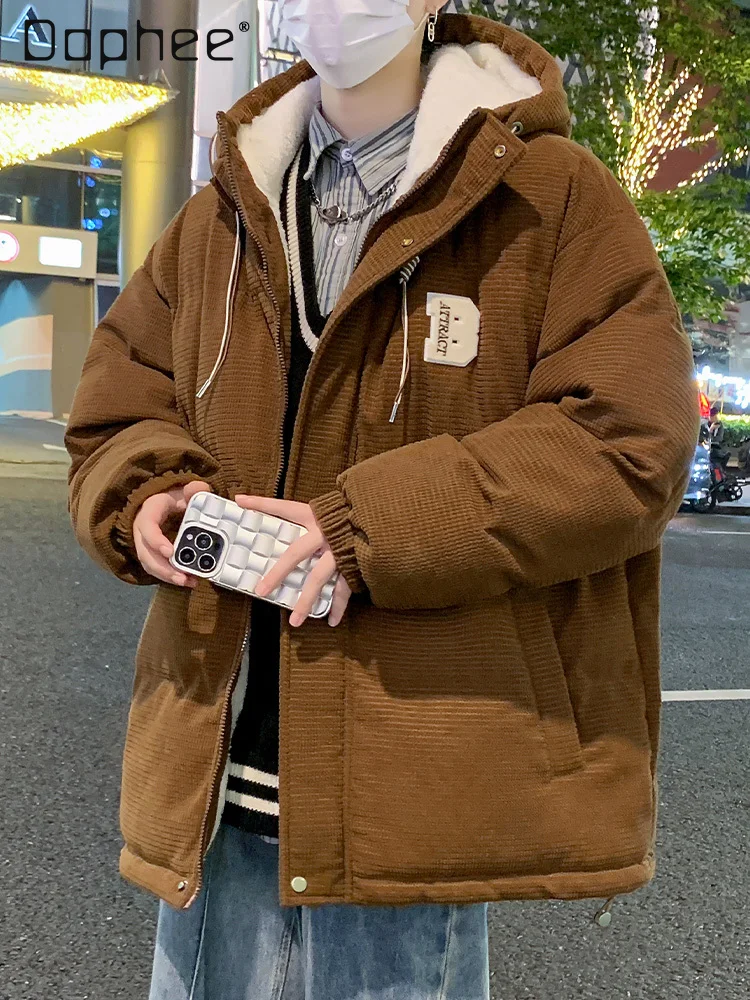 

2025 Autumn Winter Men's Khaki Caramel Color Lamb Wool Cotton Jacket Black Green Fleece Lined Thickened Warm Hooded Coat