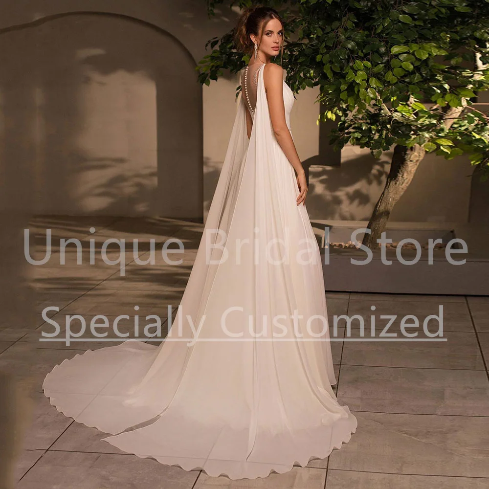 Customized New Design Bridal Gown Chiffon Beading Belt A-Line Sashes High Split Sleeveless Brush Train Draped Wedding Dress Fues