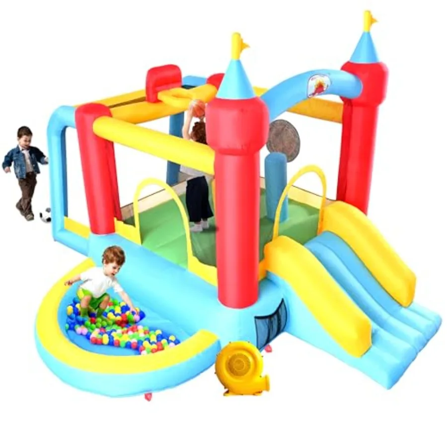 

Надувной прыгающий дом с замком для прыжков с горками и встроенным вентилятором, баскетбольным кодом для бассейна и футбольными воротами для улицы