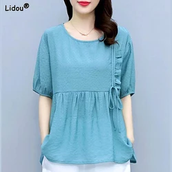 Women's Clothing New Solid Color Patchwork Drawstring Pleated Loose Pullovers Elegant Fashion Round Neck Short Sleeve T-Shirts